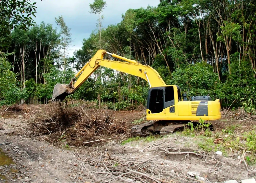 adventure land management 2026 10 01T23 27 05.320934Z yellow excavator clearing land in forested area for construction or development project photo